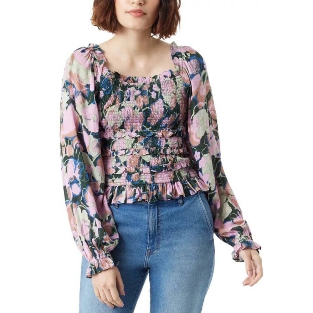 Sam Edelman Misha Printed Smocked Ruffle Top Women XS Multi Long Sleeve Pullover